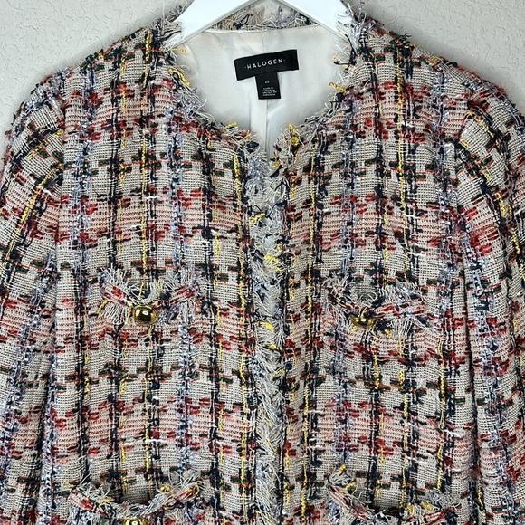 Halogen Tan Elsie Tweed Multicolored Frayed Edge Jacket Size Medium - Picture 3 of 11
